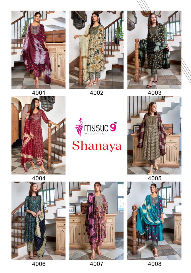 Shanaya Vol 4 By Mystic 9 Rayon Embroidery Kurti With Bottom Dupatta Wholesale Market In Surat
